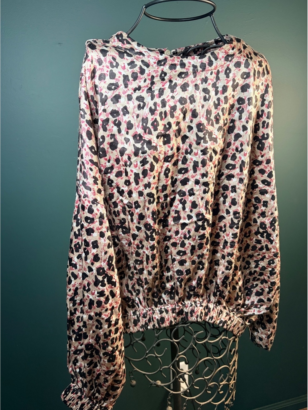 Zara Leopard Print Satin Long Sleeve Blouse Elastic Hem Crop Top Size XS